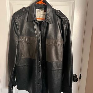 Zara SRPLS black leather shirt (genuine leather), with olive green pockets